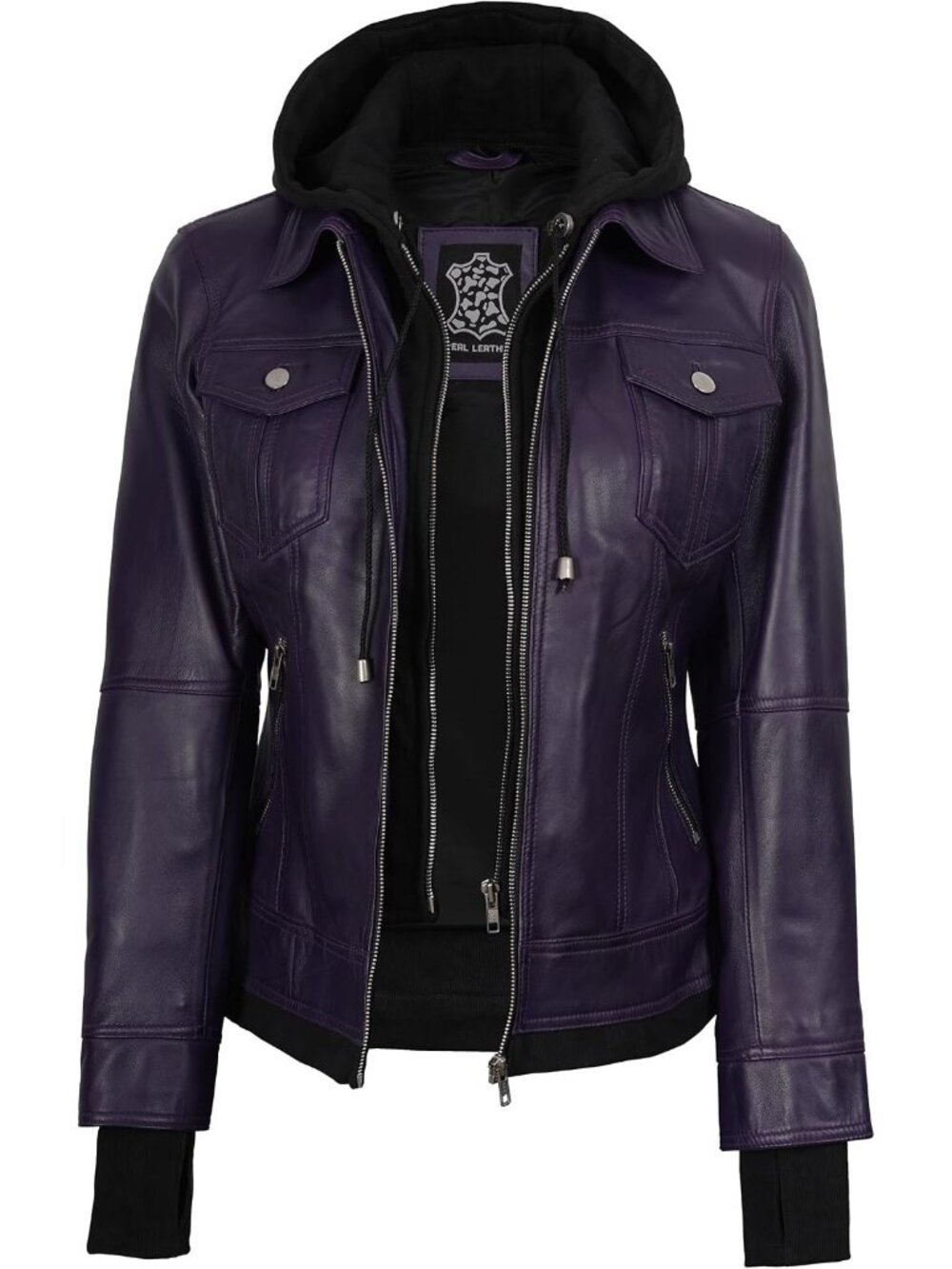 Women’s Purple Real Leather Bomber Jacket Detachable Hood